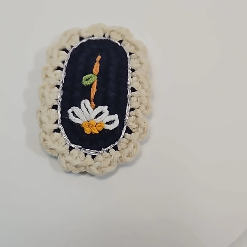 Hand Crafted Hand Knit Crochet Hair Clip Handmade Navy Blue  embroidered flower